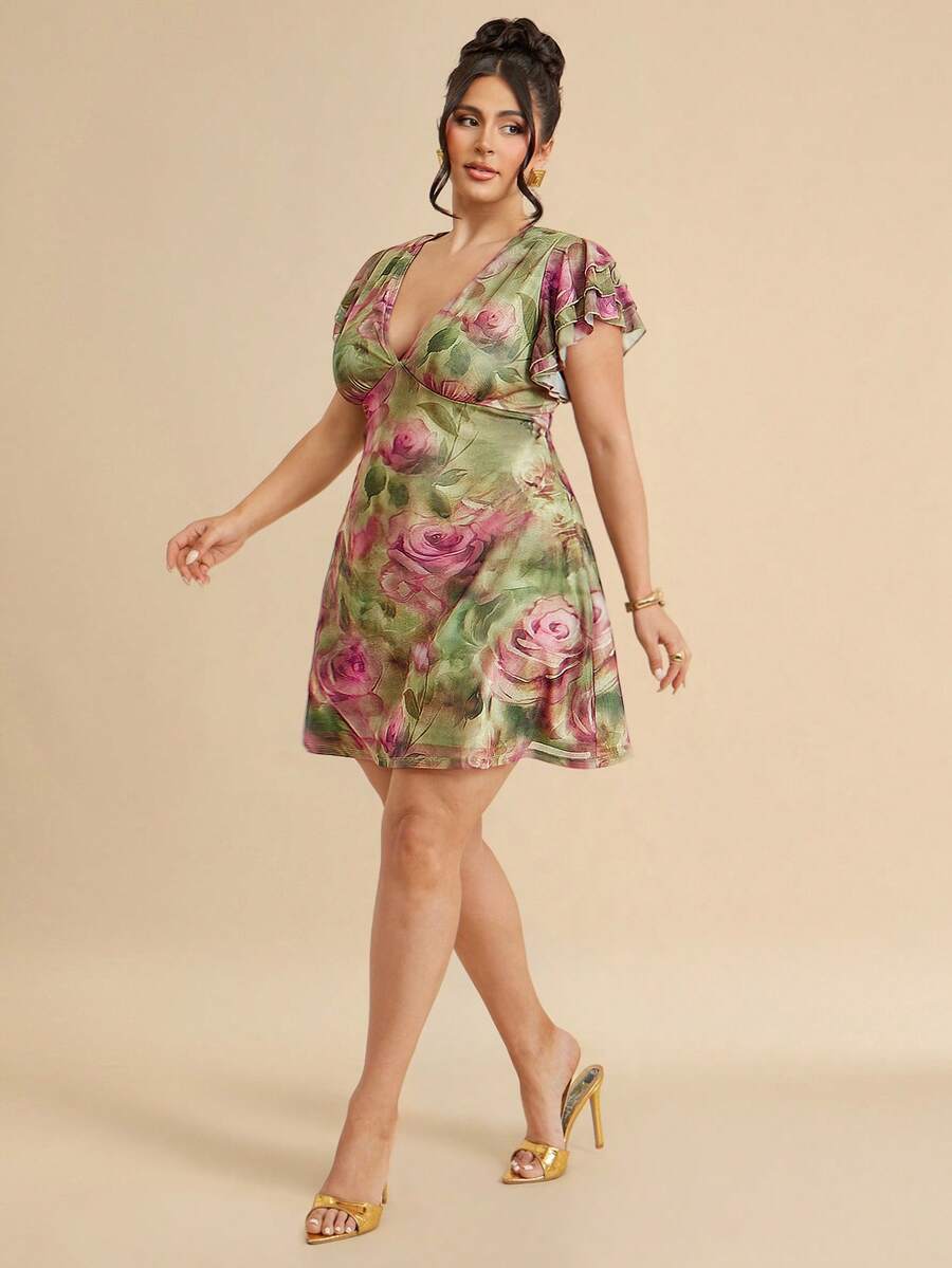 SHEIN BAE CURVE 大码女式绿色优雅荷叶边A字连衣裙，修身迷你连衣裙
