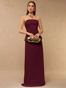Silquee Women's Solid Color Bandeau Top And Mini Skirt Elegant 2 Pieces Set - Maroon - View 3