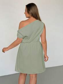 Auralis Plus Size Solid Color Minimalist Asymmetrical Shoulder Dress - Mint Green - View 3