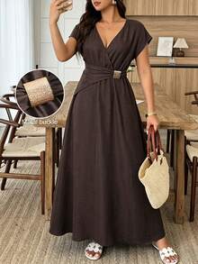 Elouméa Women's V-Neck Waist Metal Buckle A-Line Dress, Suitable For Daily And Vacation Wear, Spring/Summer Golf Pastal Sexy - Coffee - View 1