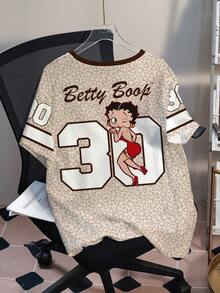 Betty Boop x SHEIN Plus Size Colorblock Trim Cute Print Short Sleeve T-Shirt Date Night Brunch Beige Summer Casual Alternative - White - View 2