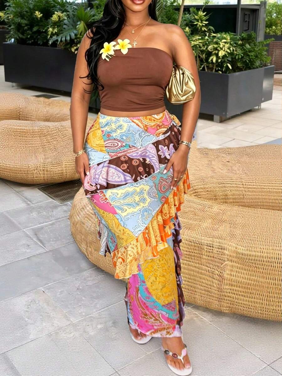Slaydiva Plus Size Women's Two Pieces Set,Pink,Summer,Boho,Vacation,Holiday,Solid Sleeveless Strapless Cropped TopRuffled Patchwork Print Maxi Skirt Beach - Multicolor - View 1