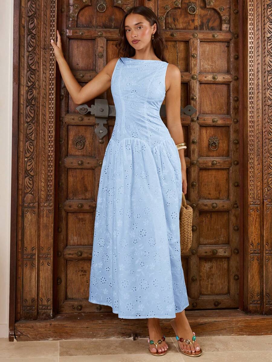 Enchnt Women's Elegant Romantic Ruched Waist Embroidered Dress, Suitable For Parties Vacation And Gatherings Baby Blue Summer