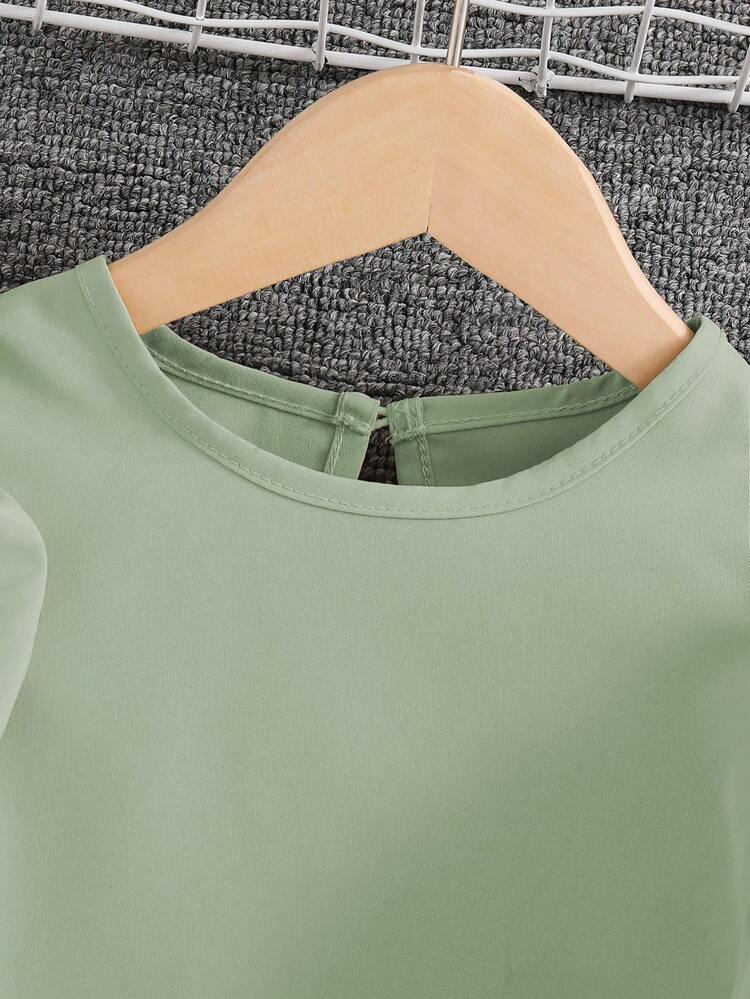 SHEIN Elladie kids Bộ đồ thể thao tối giản cho bé gái: áo thun ngắn tay cổ bèo nhún và quần dài. - màu xanh lá - Xem 3