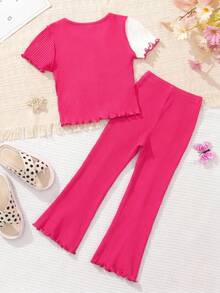 SHEIN Cô gái Điền kinh Phong cách đường phố Dệt kim Tương phản Màu sắc Vòng cổ Ngắn tay Áo thun & Quần ống loe Bộ - Màu Hồng Tươi - Xem 3
