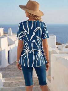 Faunlyn Bộ đồ nữ mùa hè đa năng gồm áo và quần tay ngắn raglan cổ tròn, kiểu dáng thường ngày, 2 món. - màu xanh lá - Xem 2