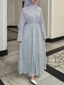 Solavon Stylish Women Pleated Texture Long Maxi Dress With Belt Casual Button Front A Line Dress For Everyday Wear - Baby Blue - View 7