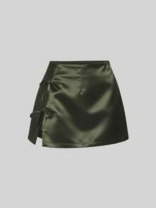 Sweetra Chân váy mini satin màu hồng dáng chữ A xẻ tà gợi cảm thắt nơ, thiết kế mùa xuân/hè dành cho nữ, thích hợp mặc hàng ngày. - màu xanh lá - Xem 1