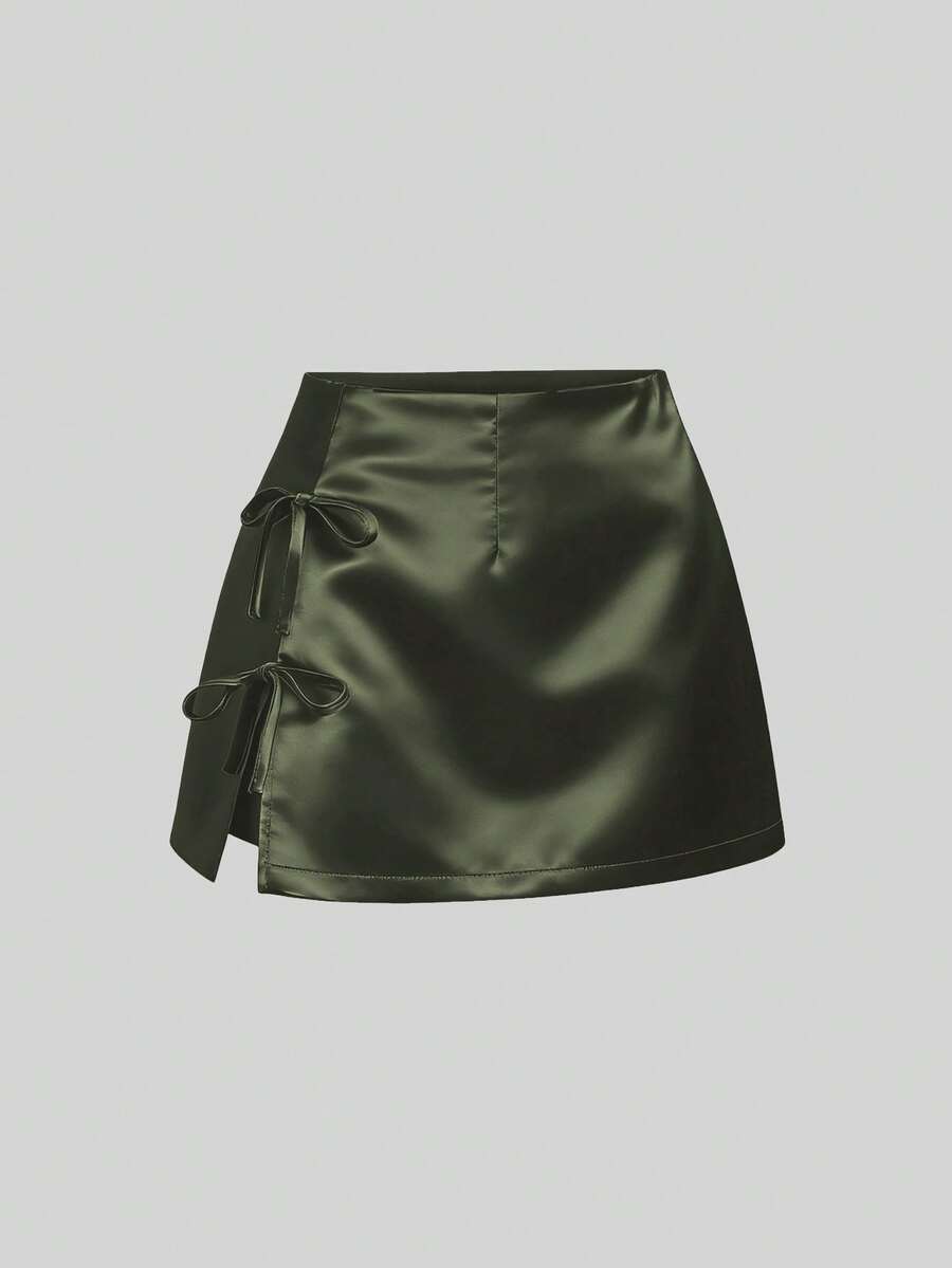 Sweetra Chân váy mini satin màu hồng dáng chữ A xẻ tà gợi cảm thắt nơ, thiết kế mùa xuân/hè dành cho nữ, thích hợp mặc hàng ngày. - màu xanh lá - Xem 1