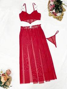 Spicy Aura Set Lingerie Seksi Wanita 3pcs/Set (Dengan Kawat Penyangga, G-String, Rok Mini) - Merah - View 6