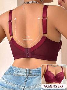 DesireSculpt Christmas Lace Patchwork Plus Size Underwire Bra - Burgundy - View 2