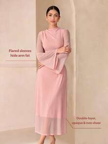 Graceveil Women's French Style Dusty Pink Mesh Maxi Dress, High Neck Flare Sleeve Slim-Fit Long Formal Evening Gown Tea Party Autumn Modest - Pink - View 5