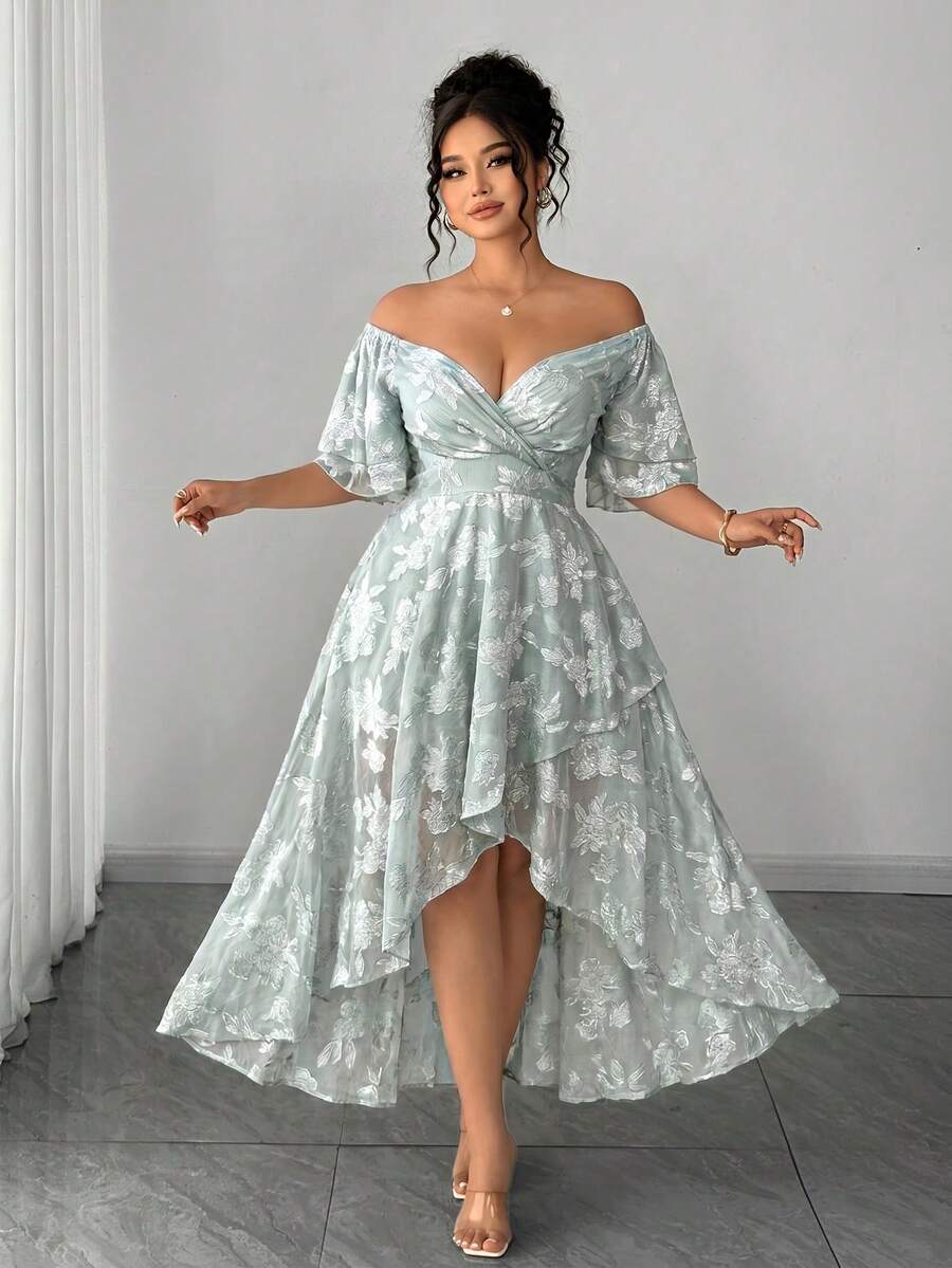 Elenzga 大码女式优雅重叠领多层荷叶边泡泡袖浅蓝色提花纹理露肩短袖双面浪漫花卉蕾丝下摆拼接优雅长裙,适合春夏、度假、约会、婚礼、毕业典礼、情人节、音乐节、母亲节、万圣节、感恩节、复活节、国庆节、舞会、派对、婚礼季、户外活动等场合。 - 薄荷綠 - 查看 1