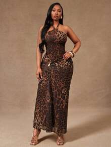 Radiana Plus Size Women's Brown Elegant Summer Leopard Print Halter Tie Bodycon Ruched Metal Decor Dress For Night Out Club,Prom Gathering Banquet Party - Multicolor - View 5