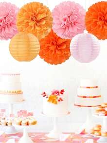 15pcs/11pcs Party Decoration Set - Available In Fuchsia, Orange, Pink, Or Gold Beige And Gold Paper Lanterns, Paper Flowers, And Paper Fans. Perfect For Summer Weddings, Bridal Showers, Graduation Ceremonies And Birthday Parties, Wedding Decorations, Graduation Party Decorations, And Everyday And Holiday Parties. - B - View 6