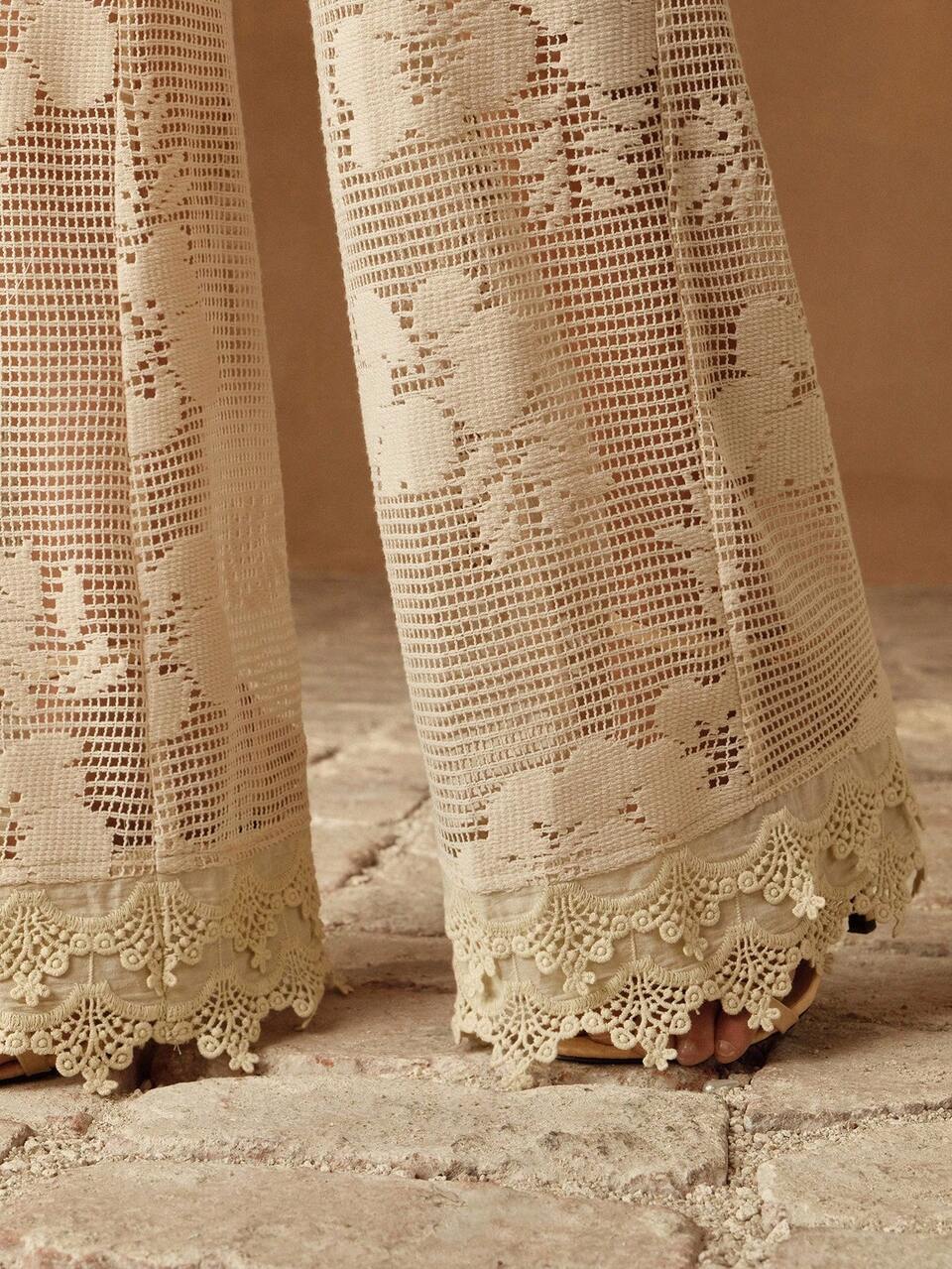 Elegant High-Waisted Lace Hollow Out Wide Leg Loose Fit Apricot Straight Pants, Suitable For Vacation