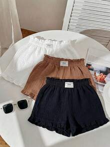 Comfortcana Set 3 Potong Celana Pendek Wanita Kasual Warna Polos dengan Tekstur dan Detail Ruffle di Bagian Bawah - MultiWarna - View 5