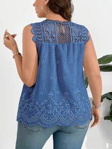 Breezaya 大码蕾丝拼接镂空刺绣无袖上衣 - 藍色 - 查看 2