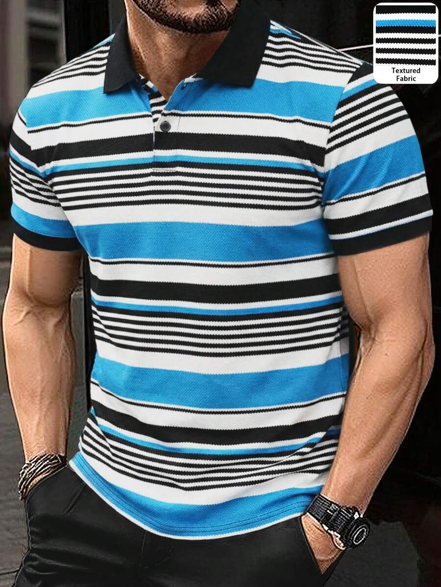 Calvornis 男士短袖紋理布料 Polo 衫,藍白條紋夏季街頭風高爾夫休閒老錢風,復古度假派對款 - 藍色 - 查看 1