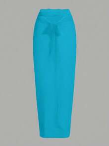 Swim Oasis One-Piece Swimsuit With Solid Color Ruched Mesh Panel And Sarong Skirt - Blue - View 5