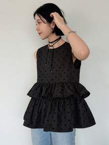 FRIFUL 女款夏季波點百褶層次荷葉邊無袖寬鬆休閒百搭可愛上衣 - 黑色 - 查看 5
