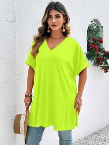 EMERY ROSE Camiseta de cuello en V minimalista de unicolor talla grande, para uso diario - Amarillo - Ver 3