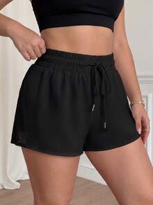 Rhythm Era Plus Size Women Sports Yoga Outdoor Gym Shorts, Mesh Patchwork Waistband With Drawstring - Black - View 9