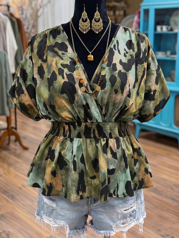 Linhara CURVE Plus Size Women's New Spring/Summer Vacation Casual Elegant V-Neck Floral Tie Dye Print Waist Slimming A-Line Shirt, Waist Slimming A-Line Vacation Outfit