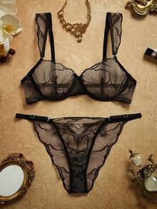 PinupPomp Set Bra dan Celana Dalam Hitam Transparan dengan Detail Bordir, Set Pakaian Dalam Transparan, Pakaian Dalam Berongga, Bralette Tembus Pandang - Hitam - View 1