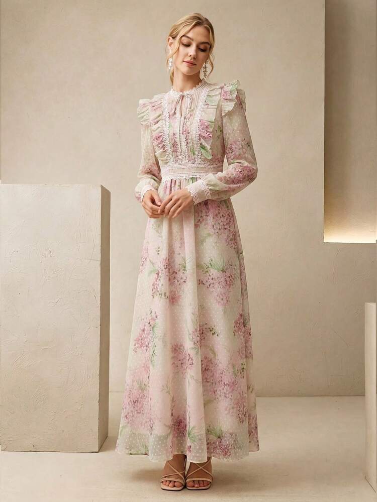 Anewsta 春季新款优雅小碎花V领蝴蝶结束腰修身长裙，女士款 - 粉色 - 查看 7