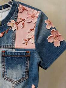 Camiseta de mujer con cuello redondo, estampado digital de flores y tachuelas - Multicolor 4 - Ver 4