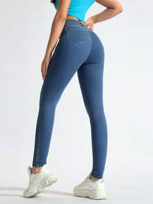 SHEIN Tall Women's Fashion Versatile Pocket Button Skinny Jeans, Slim Fit - Medium Wash - View 4