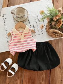 SHEIN LMoss Kids 女婴可爱夏季条纹 Polo 领背心和松紧腰荷叶边短裤套装 - 粉色 - 查看 1