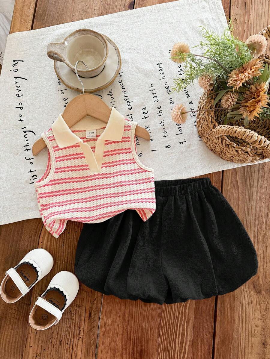 SHEIN LMoss Kids 女婴可爱夏季条纹 Polo 领背心和松紧腰荷叶边短裤套装 - 粉色 - 查看 1