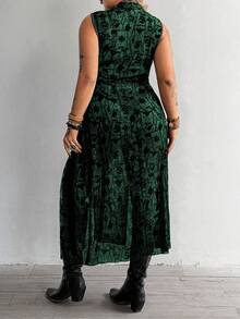 Whyspr Dark Asymmetrical Pattern Dress With High Slit And Sheer Details - Dark Green - View 2