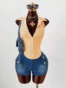 Sunspun Plus Size Women Casual Halter Neck Striped Hollow Out Shirt, Blue & White, Comfortable For Spring & Summer - Yellow - View 4