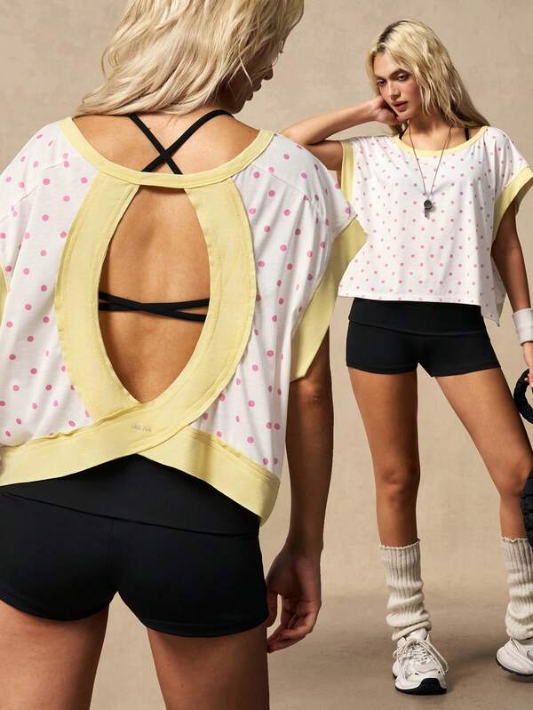 VARSIVA Contrast Trim Polka Dot Print Backless Summer Short Sleeve Sports T-Shirt