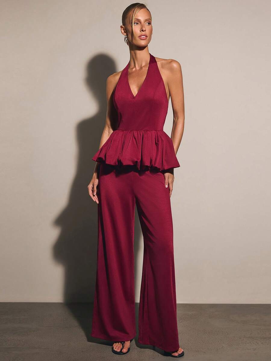 COSMINA Women's Solid Color Ruffle Hem Halter Top And Pants Fashion Set Bar Party Night Burgundy Summer Elegant - Red - View 1