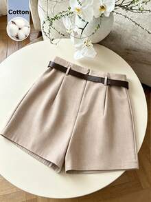 Franclia Quần short nữ kiểu Pháp, màu trơn, kiểu dáng thường ngày, có thắt lưng. - Màu Khaki - Xem 2