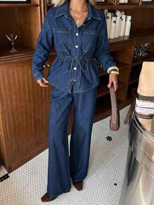DAZY Women's Casual Washed Waist Belt Pocket Shirt & Wide Leg Jeans 2-Piece Set, Spring/Summer - Dark Wash - View 4