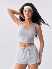 Loungeista 3 pezzi/set pigiama da donna con top senza maniche e pantaloncini, in poliestere sottile tinta unita, set di abbigliamento da casa minimalista e confortevole, adatto per primavera/estate, nero/grigio/rosa 6 pezzi - Multicolore - Visualizzare 12