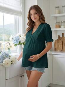 SHEIN Maternity Solid Color Ruffle V-Neck Short Sleeve Casual Shirt - Dark Green - View 3