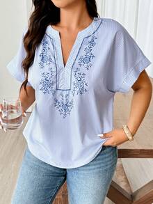 Weeklong Plus Size Women V-Neck Cutout Shoulder Striped Print Casual Vacation Shirt - Blue - View 3