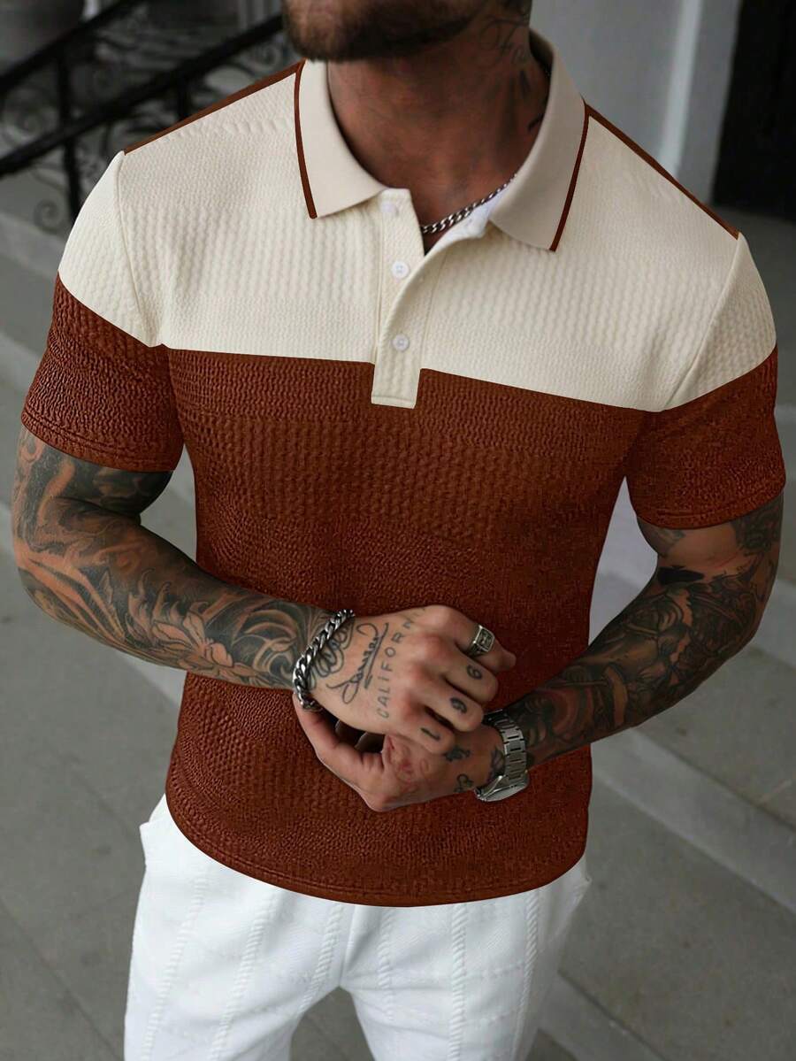 EGENSIO Men's Casual Commuter Contrast Color Button Half-Placket Formal Polo Shirt, Ceremony - Brown - View 1