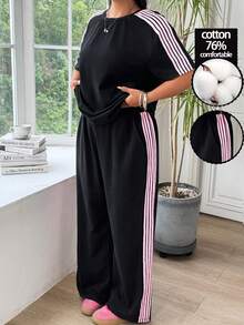 SHEIN EZwear Plus Size Women 2 Pieces Set, Patchwork Color Mid-Sleeve Top And Pants, Casual Daily Wear - Black - View 1