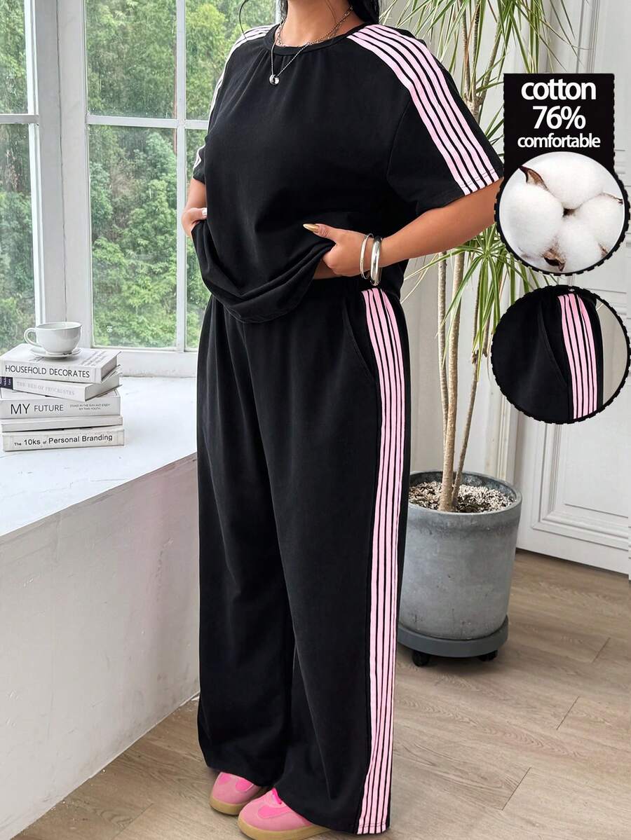 SHEIN EZwear Plus Size Women 2 Pieces Set, Patchwork Color Mid-Sleeve Top And Pants, Casual Daily Wear - Black - View 1