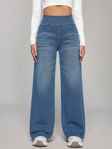 SHEIN PETITE Quần Jeans Ống Rộng Dáng Rộng Có Túi Lưng Thun Cho Nữ - Rửa nhẹ - Xem 3