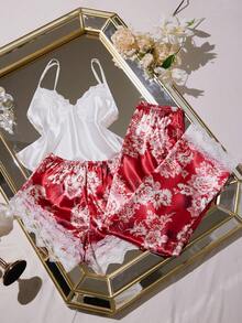 LuxeNights 3pcs Women Sexy Satin Camisole Sleepwear Set, Lace Trim Shorts & Printed Pants, Multi-Piece, All Season - Burgundy - View 1