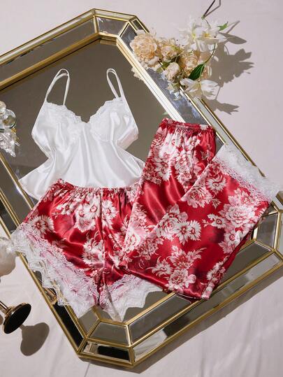 LuxeNights 3pcs Women Sexy Satin Camisole Sleepwear Set, Lace Trim Shorts & Printed Pants, Multi-Piece, All Season