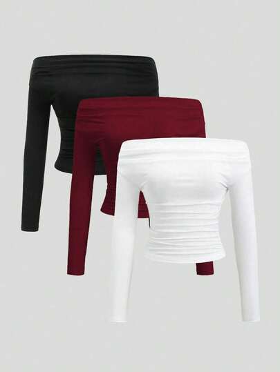 Conjunto de 3 piezas: top de manga larga y hombros descubiertos cómodo para mujer, camisa de corte ajustado y hombros descubiertos versátil